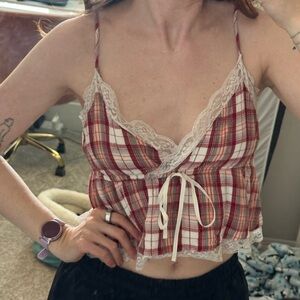 American Eagle Red Plaid Lace-Trim Lined Cami Babydoll Top